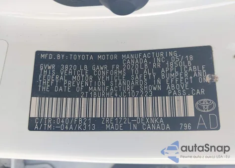 2018 Toyota Corolla Le из США, поврежденный, VIN 2T1BURHE4JC107223